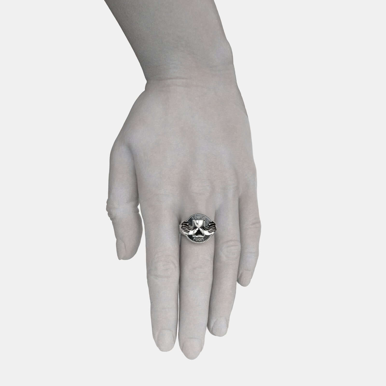 Tempus Fugit Silver Ring by Swaydrop featuring intricate hourglass design symbolizing the passage of time.