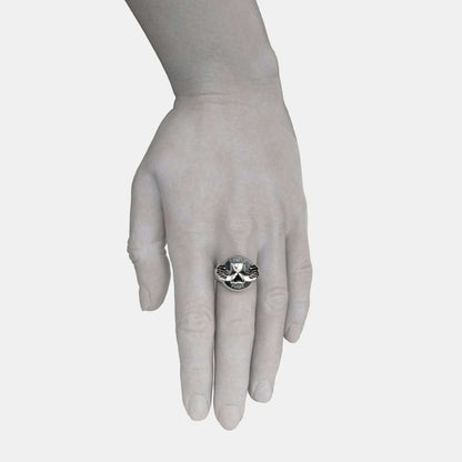 Tempus Fugit Silver Ring by Swaydrop featuring intricate hourglass design symbolizing the passage of time.