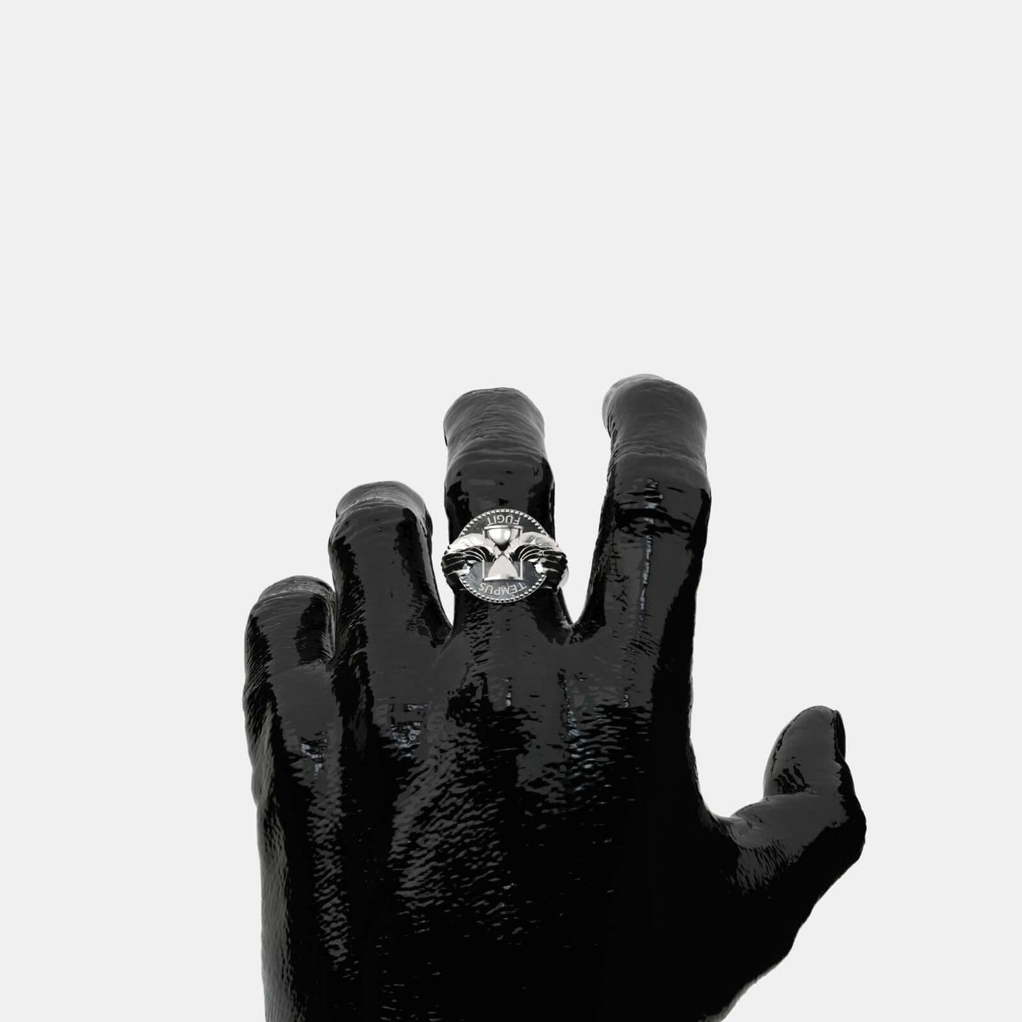 Tempus Fugit Silver Ring by Swaydrop on a black hand, showcasing elegant design and symbolic meaning.