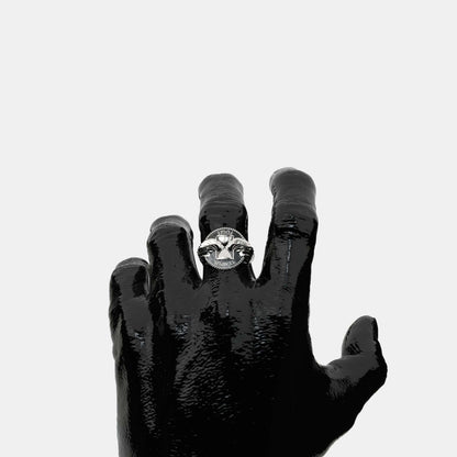 Tempus Fugit Silver Ring by Swaydrop on a black hand, showcasing elegant design and symbolic meaning.