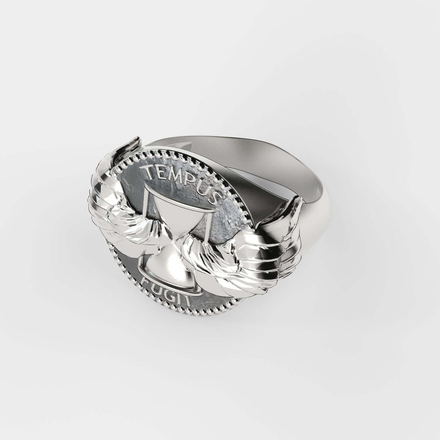 Tempus Fugit Silver Ring by Swaydrop featuring a winged hourglass design, symbolizing the preciousness of time.