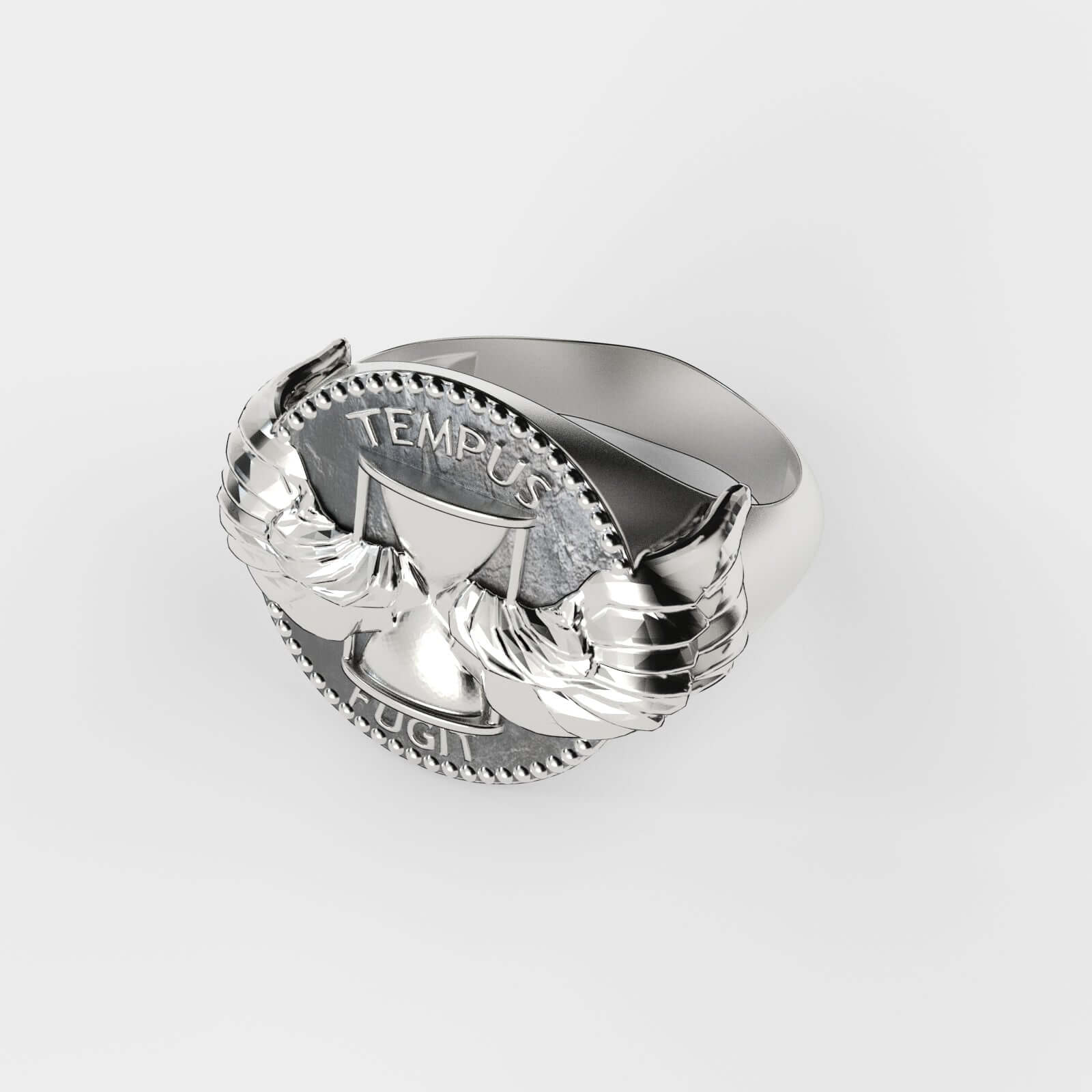 Tempus Fugit Silver Ring by Swaydrop featuring a winged hourglass design, symbolizing the preciousness of time.