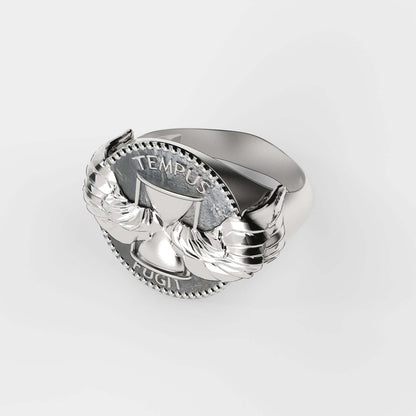 Tempus Fugit Silver Ring by Swaydrop featuring a winged hourglass design, symbolizing the preciousness of time.