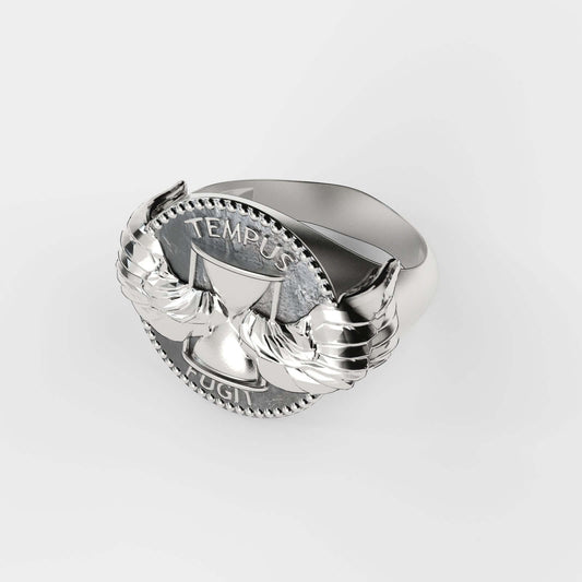 Tempus Fugit Silver Ring by Swaydrop featuring a winged hourglass design, symbolizing the preciousness of time.