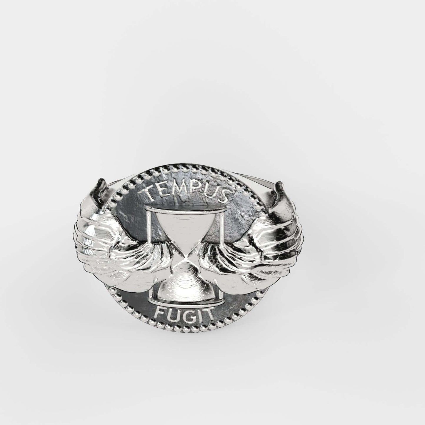 Tempus Fugit Silver Ring by Swaydrop featuring intricate hourglass design symbolizing the passage of time.